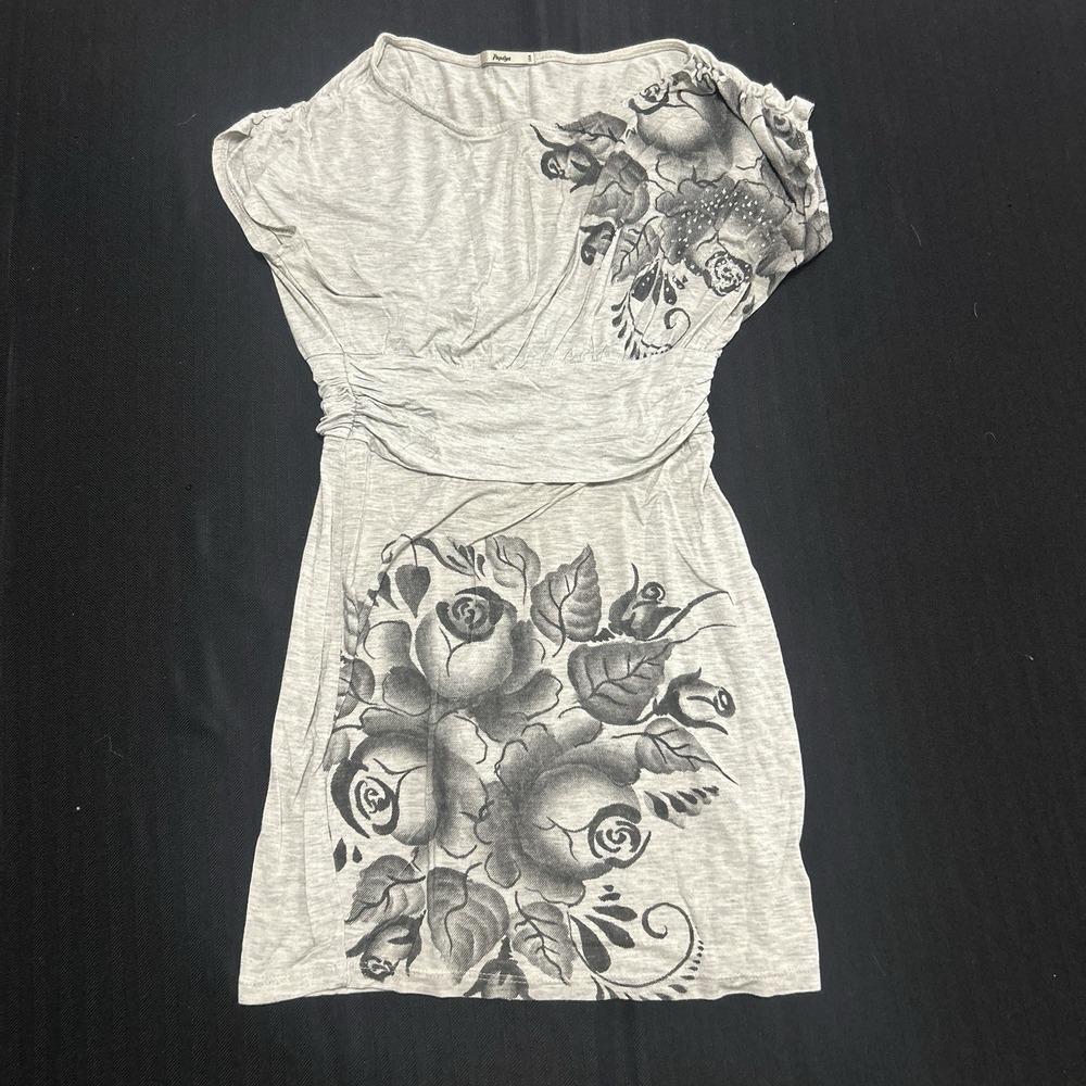 Y2K Papaya Gray Floral Mini Dress Size S Fairy Grunge Ruched Tunic Top Graphic
